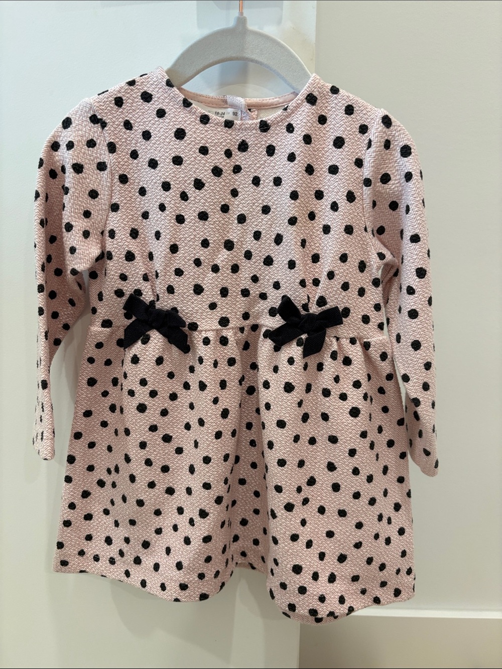Zara Pink and Black Polka Dot Long-Sleeve Dress with Black Bows